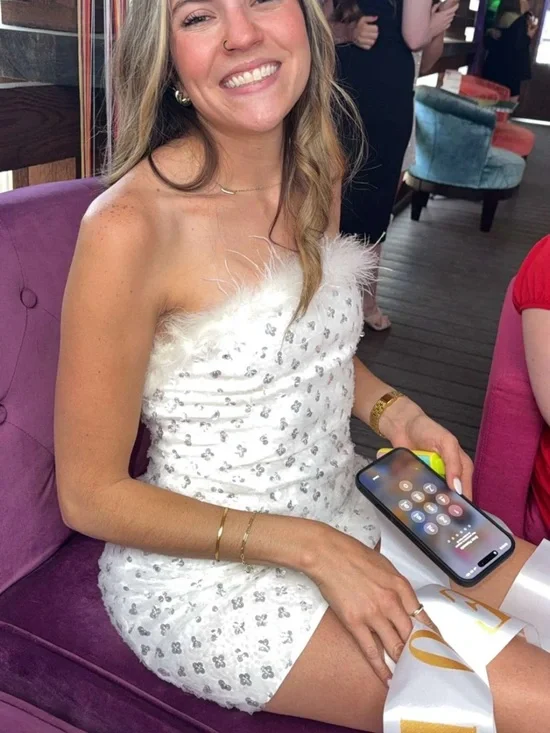 Lulus Sparkly Aura White Textured Sequin Feather Mini Dress - Picture 3 of 3